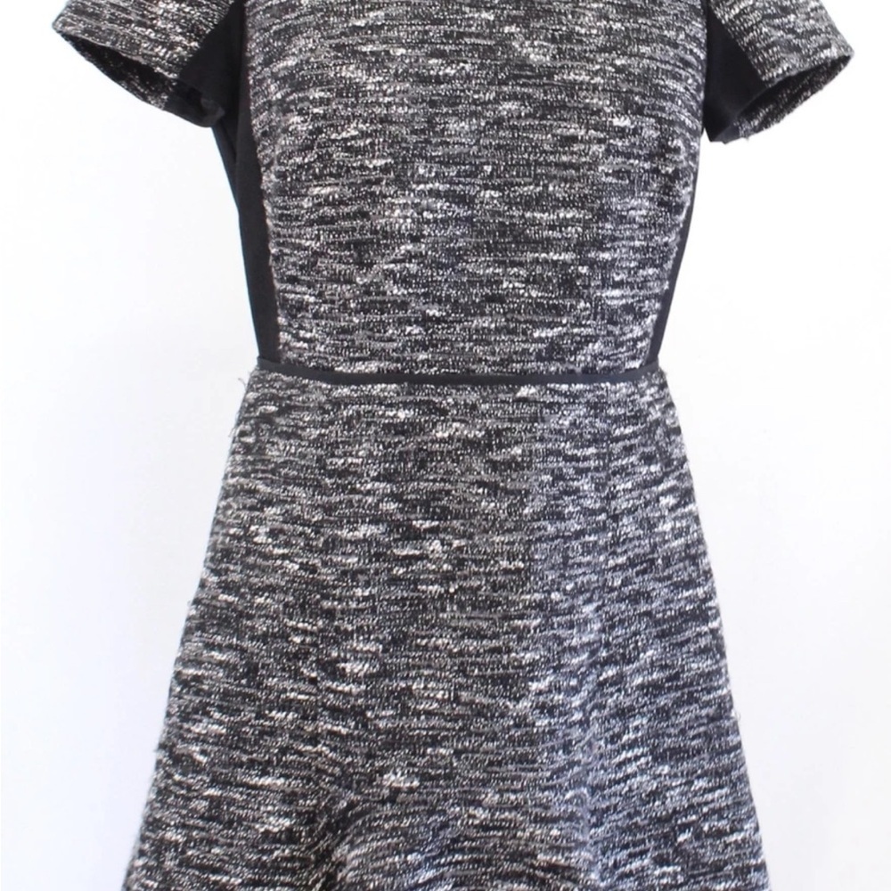 J Crew Black Gray White Mixed Tweed Panel Fit and Flare Flounce Dress Size XXS - Picture 2 of 11